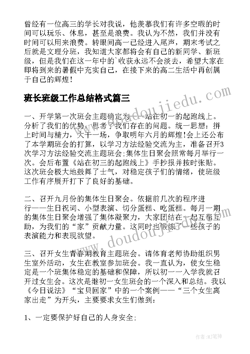 最新班长班级工作总结格式(模板5篇)