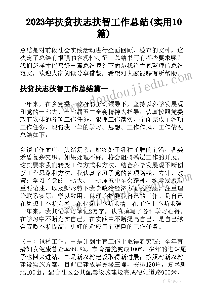 2023年扶贫扶志扶智工作总结(实用10篇)