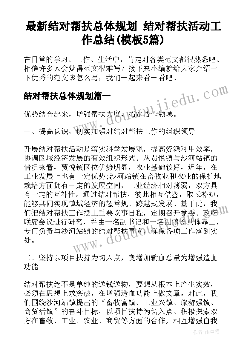 最新结对帮扶总体规划 结对帮扶活动工作总结(模板5篇)