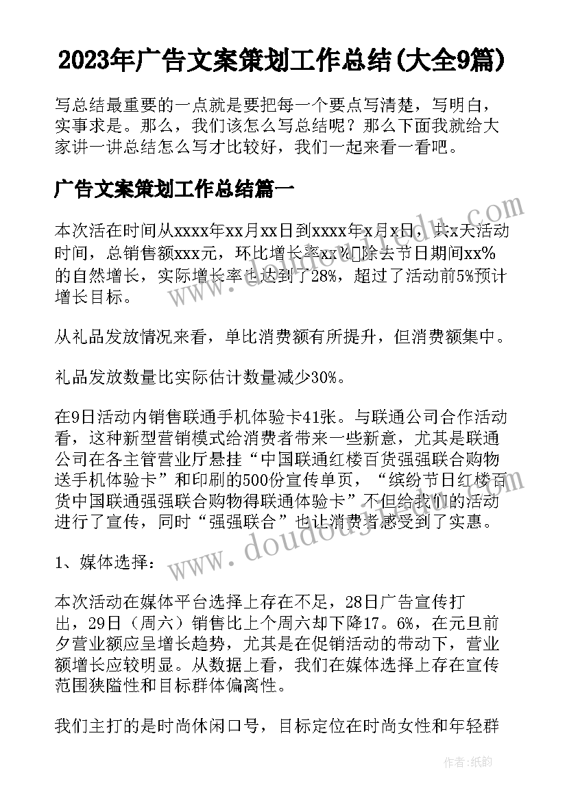 2023年广告文案策划工作总结(大全9篇)