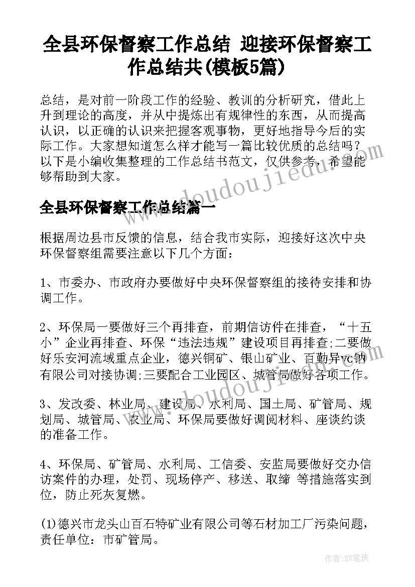 全县环保督察工作总结 迎接环保督察工作总结共(模板5篇)