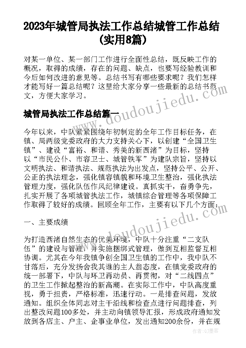 2023年城管局执法工作总结 城管工作总结(实用8篇)