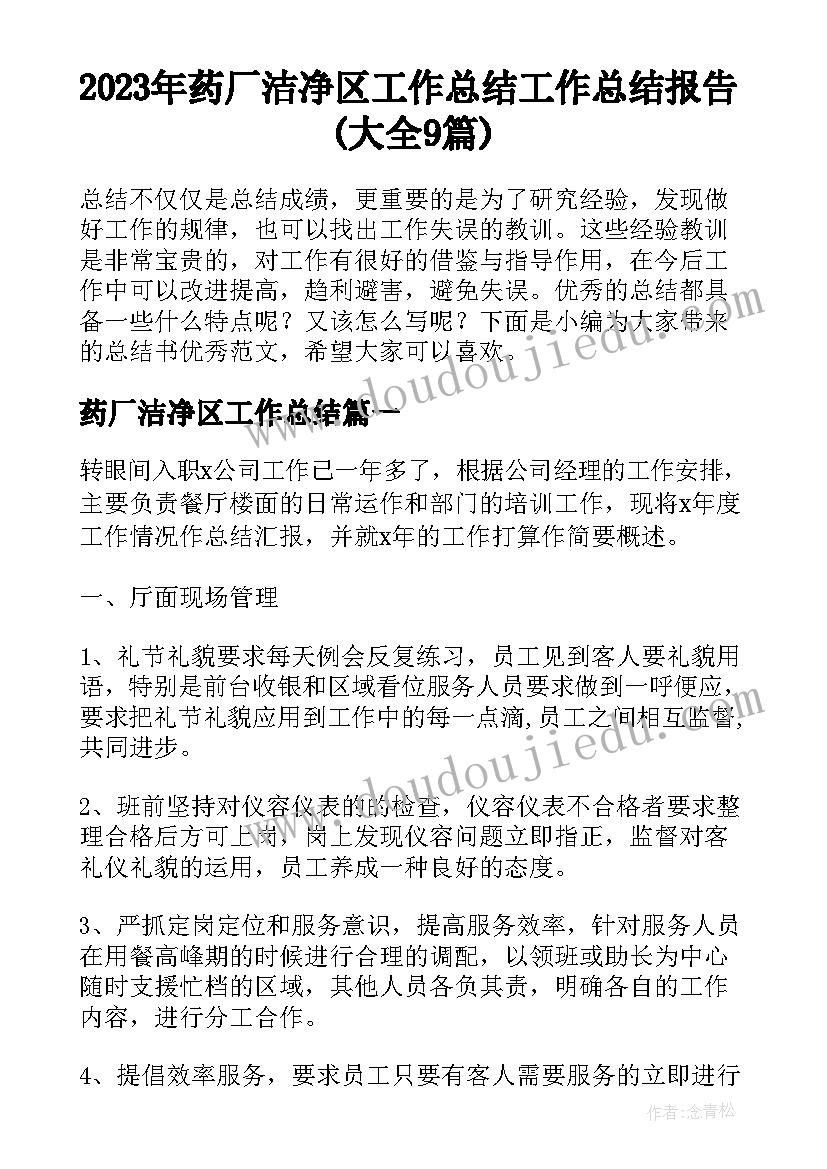 2023年药厂洁净区工作总结 工作总结报告(大全9篇)