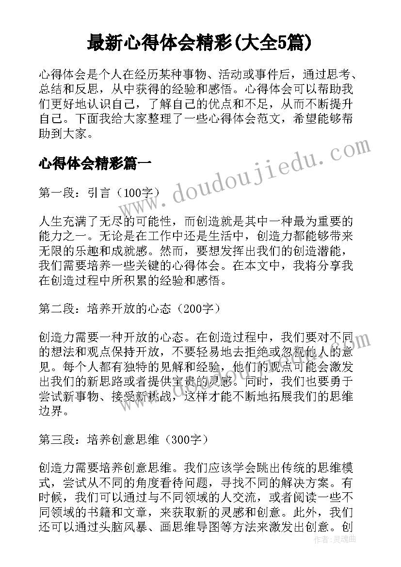 最新心得体会精彩(大全5篇)