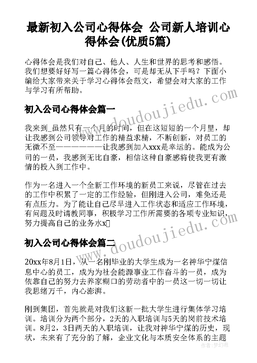 最新初入公司心得体会 公司新人培训心得体会(优质5篇)