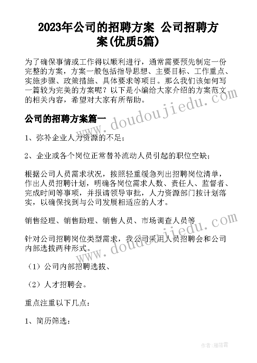 2023年公司的招聘方案 公司招聘方案(优质5篇)