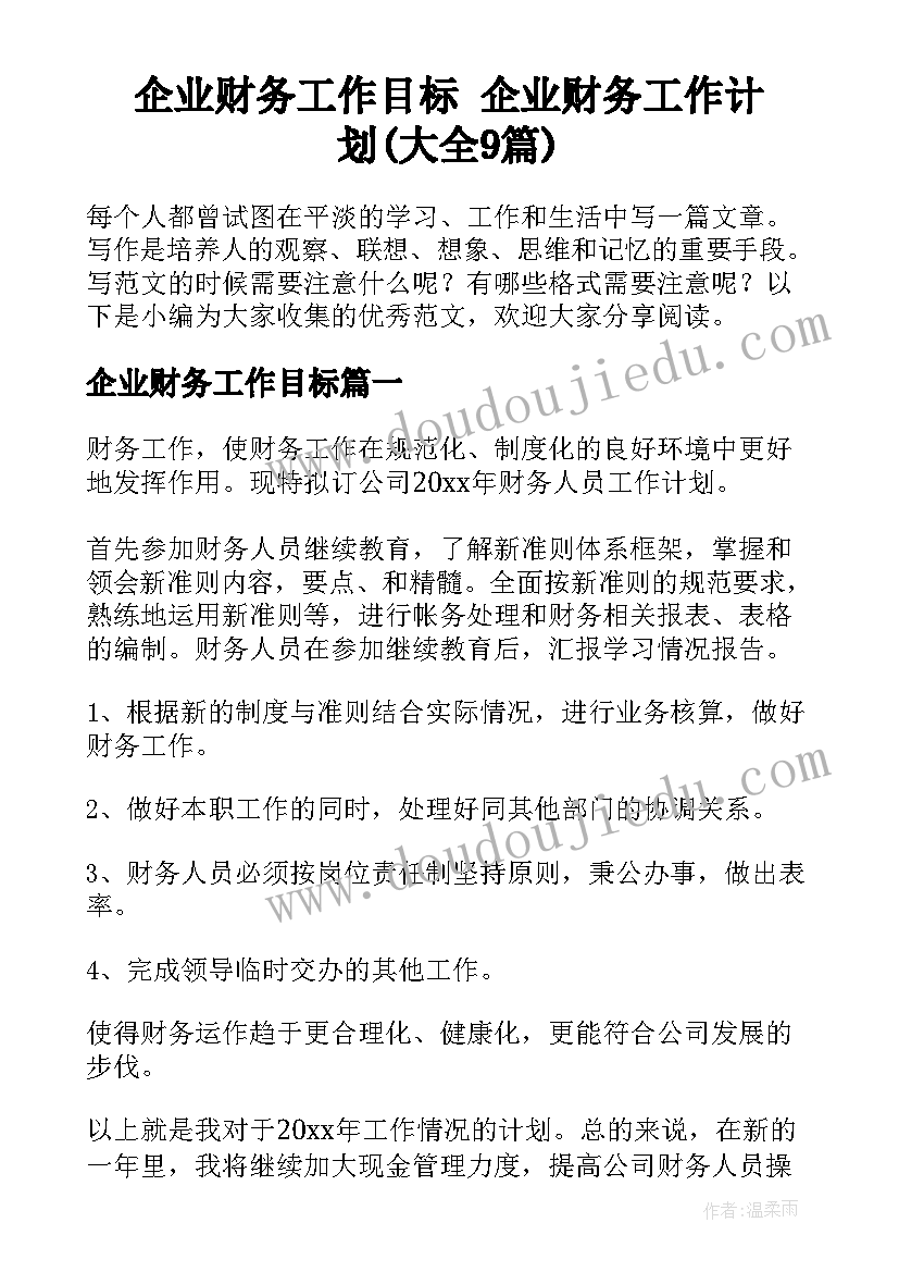 企业财务工作目标 企业财务工作计划(大全9篇)