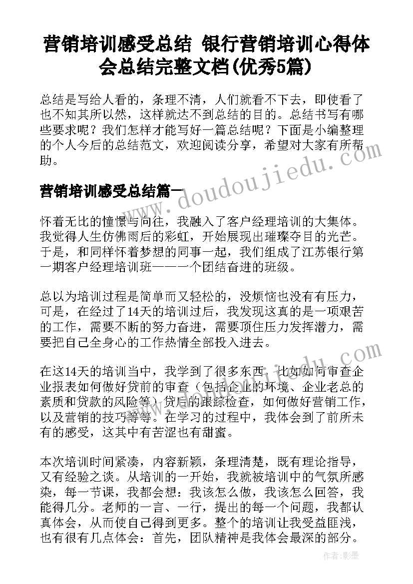 营销培训感受总结 银行营销培训心得体会总结完整文档(优秀5篇)