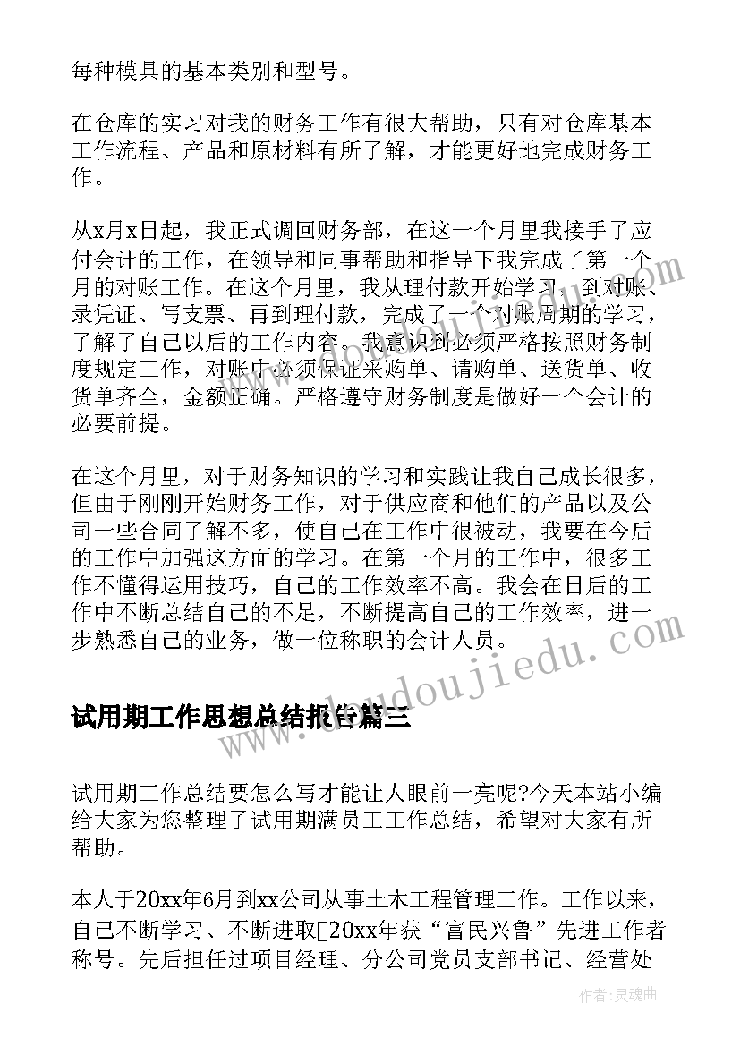 试用期工作思想总结报告 试用期满个人工作总结(优质5篇)