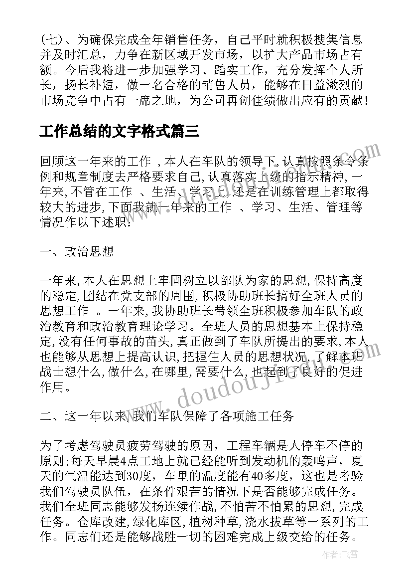 2023年工作总结的文字格式(大全9篇)