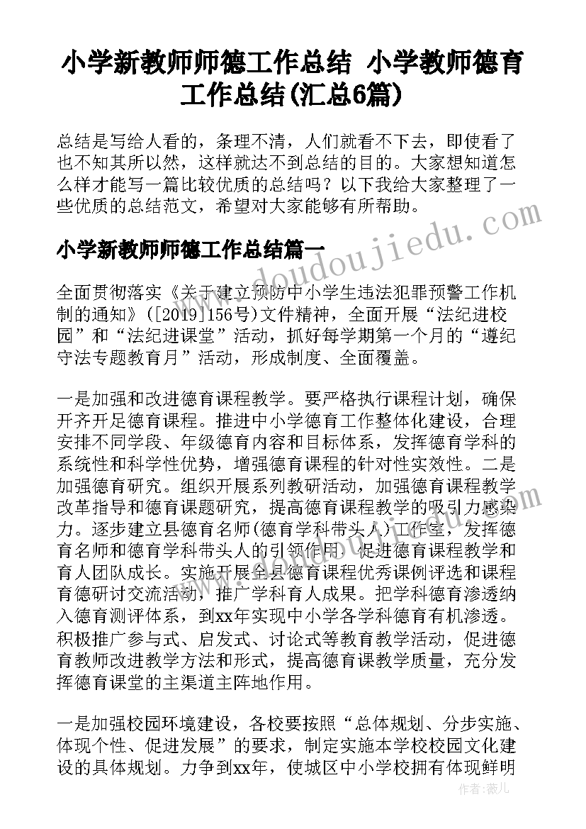 小学新教师师德工作总结 小学教师德育工作总结(汇总6篇)