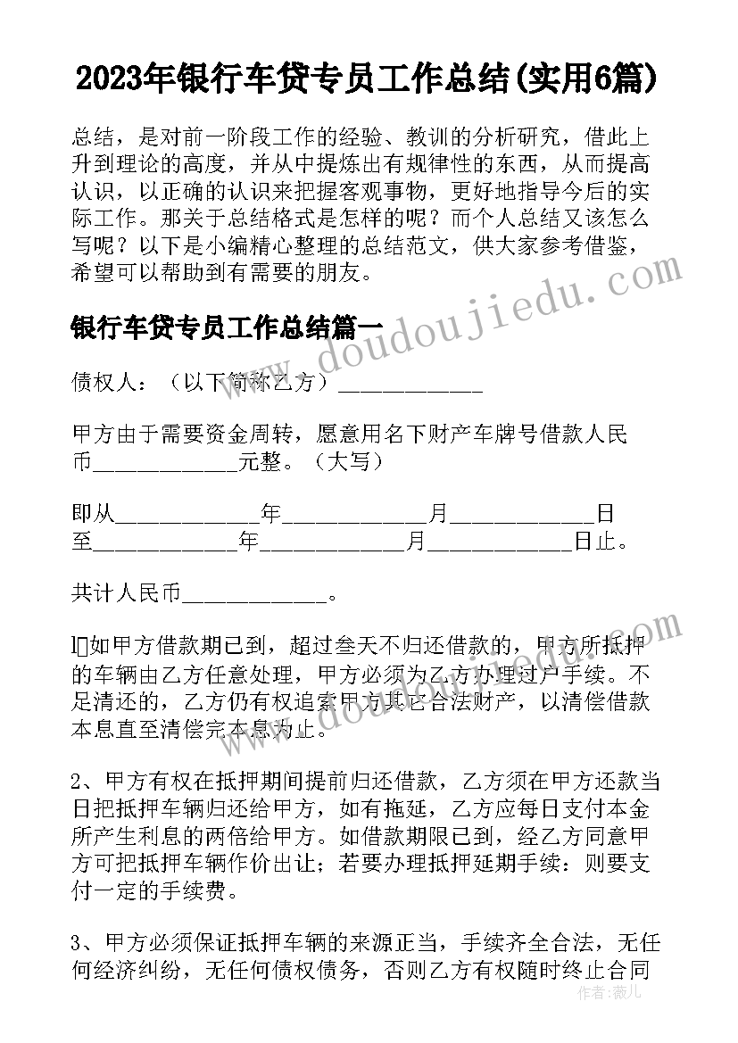 2023年银行车贷专员工作总结(实用6篇)