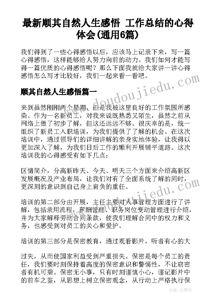 最新顺其自然人生感悟 工作总结的心得体会(通用6篇)