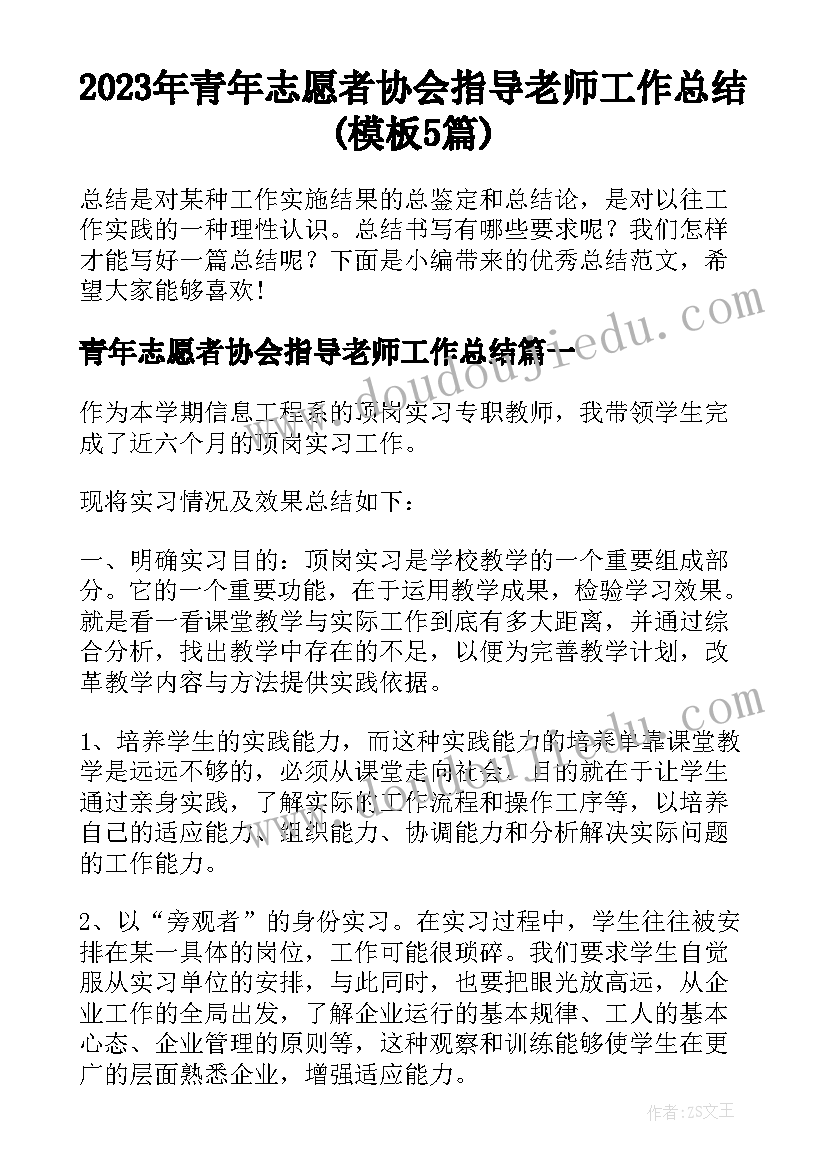 2023年青年志愿者协会指导老师工作总结(模板5篇)