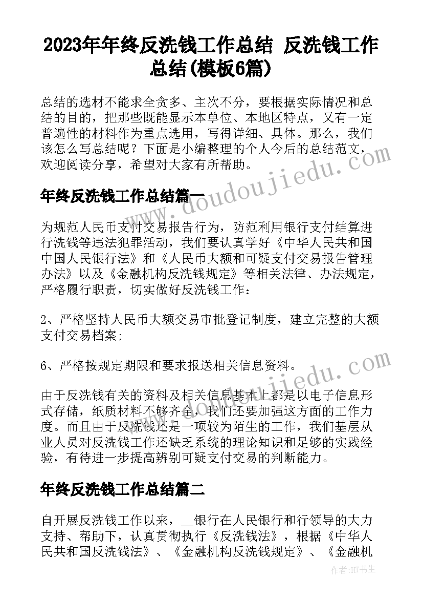 2023年年终反洗钱工作总结 反洗钱工作总结(模板6篇)