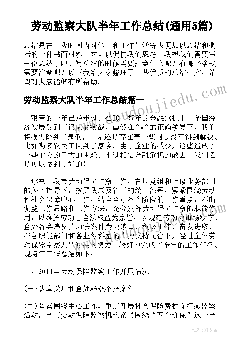 劳动监察大队半年工作总结(通用5篇)