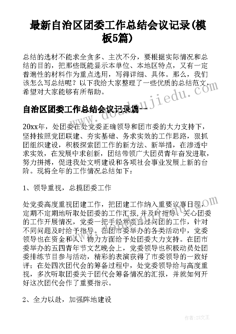 最新自治区团委工作总结会议记录(模板5篇)