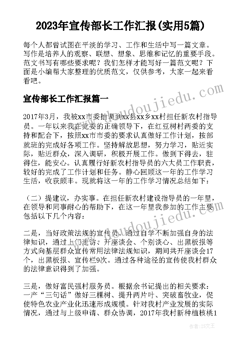 2023年宣传部长工作汇报(实用5篇)