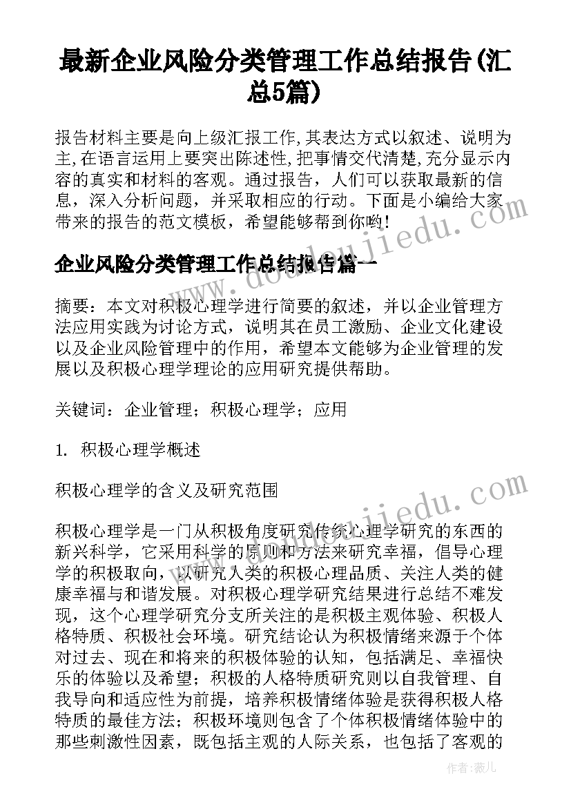 最新企业风险分类管理工作总结报告(汇总5篇)