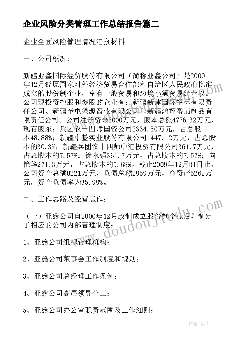 最新企业风险分类管理工作总结报告(汇总5篇)