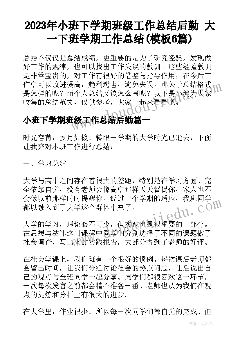 2023年小班下学期班级工作总结后勤 大一下班学期工作总结(模板6篇)