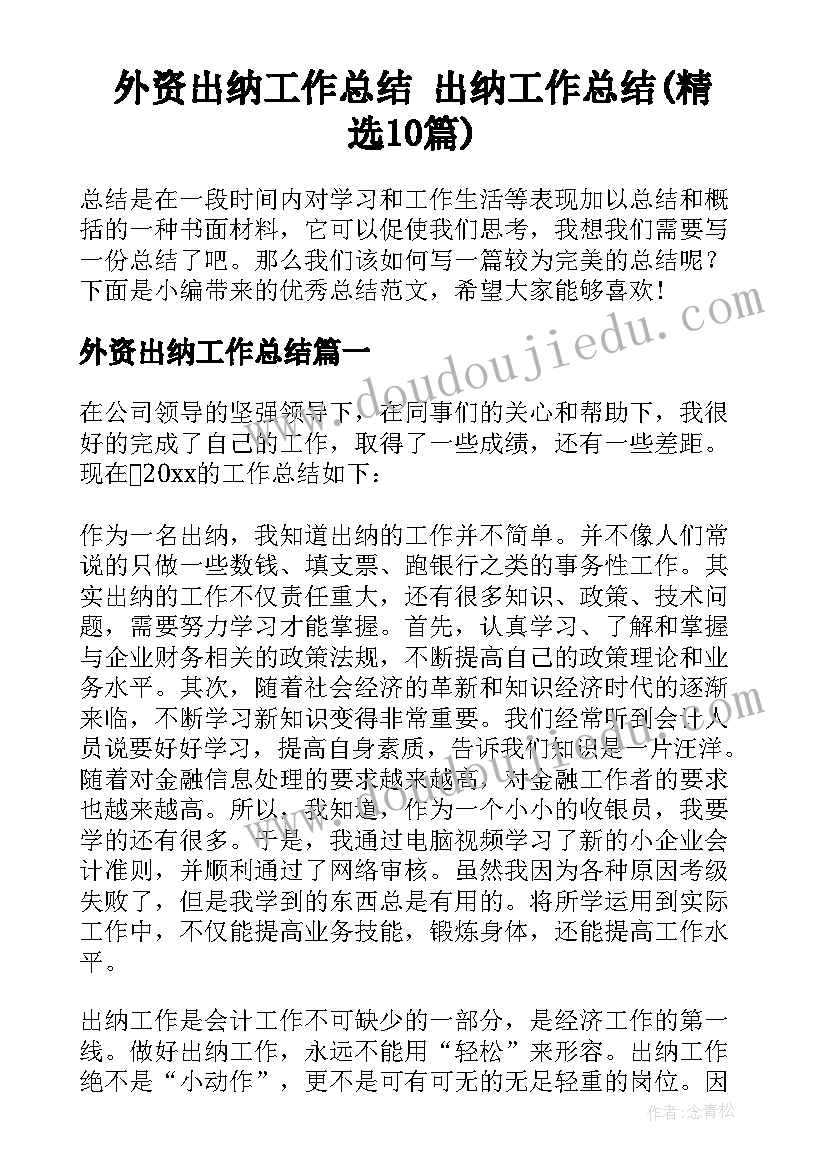 外资出纳工作总结 出纳工作总结(精选10篇)