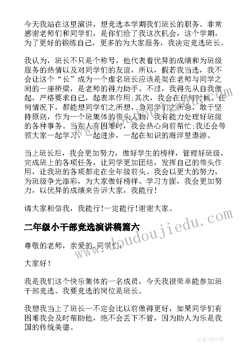 2023年二年级小干部竞选演讲稿 小学班干部竞选发言稿(模板9篇)