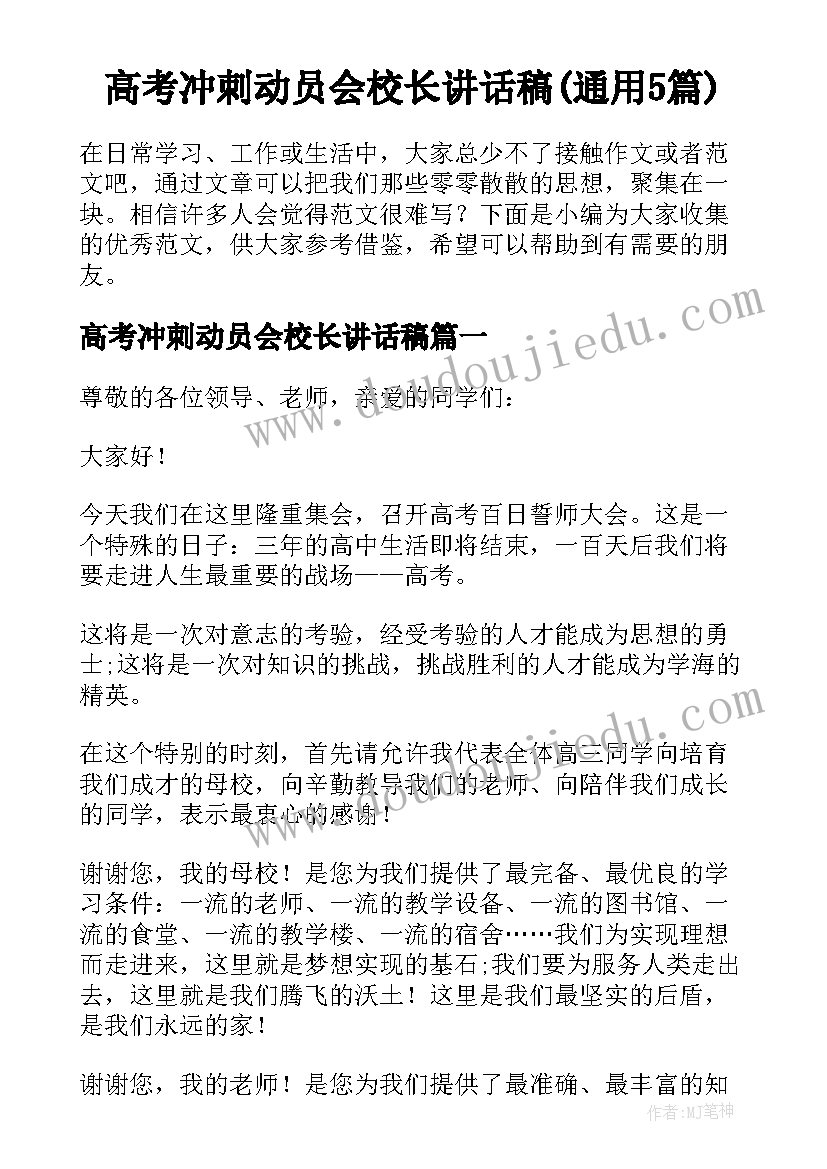 高考冲刺动员会校长讲话稿(通用5篇)