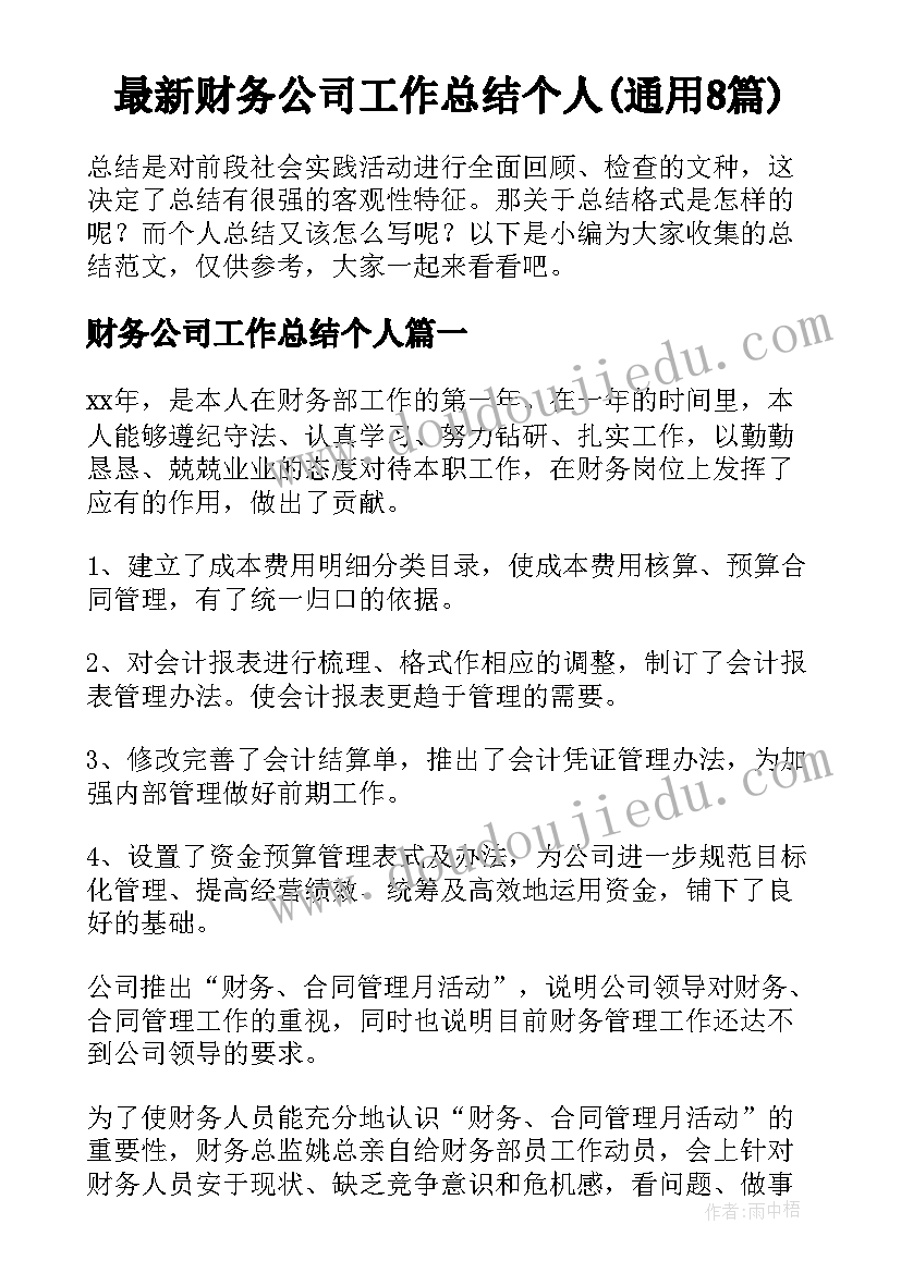 最新财务公司工作总结个人(通用8篇)