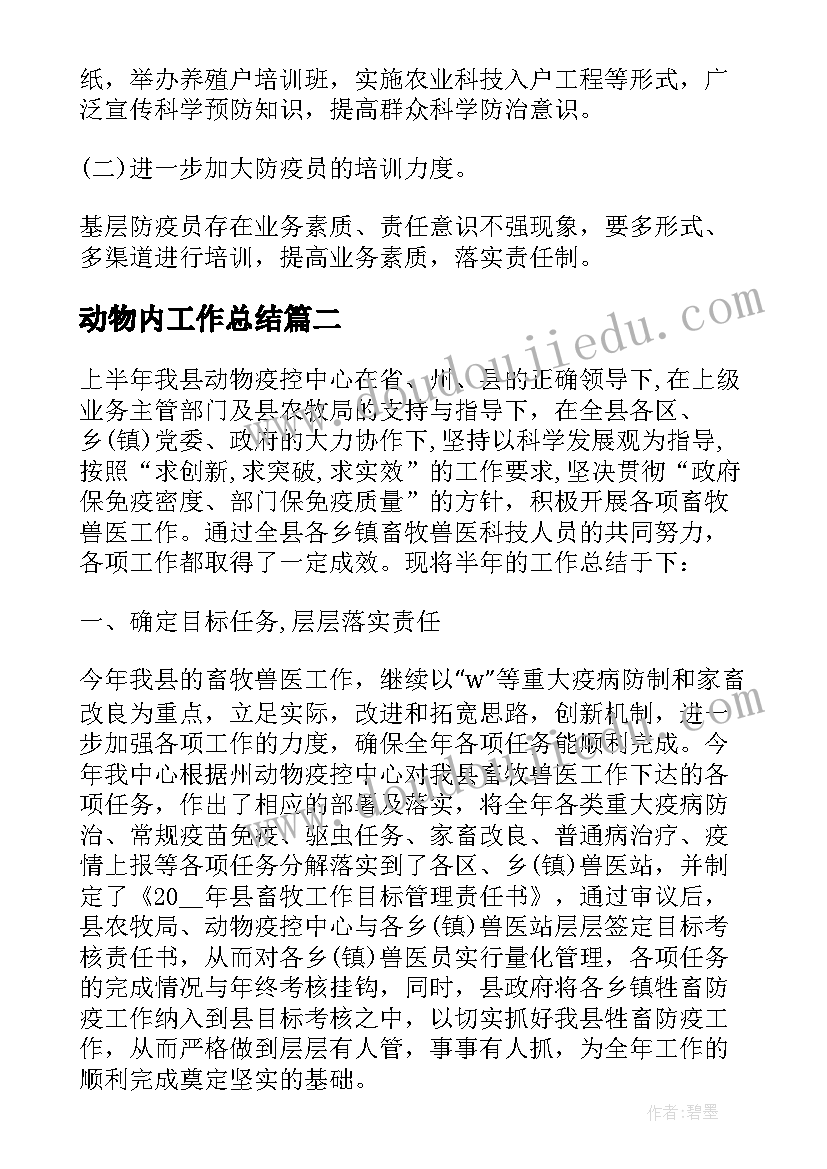 2023年动物内工作总结 动物工作总结(模板7篇)