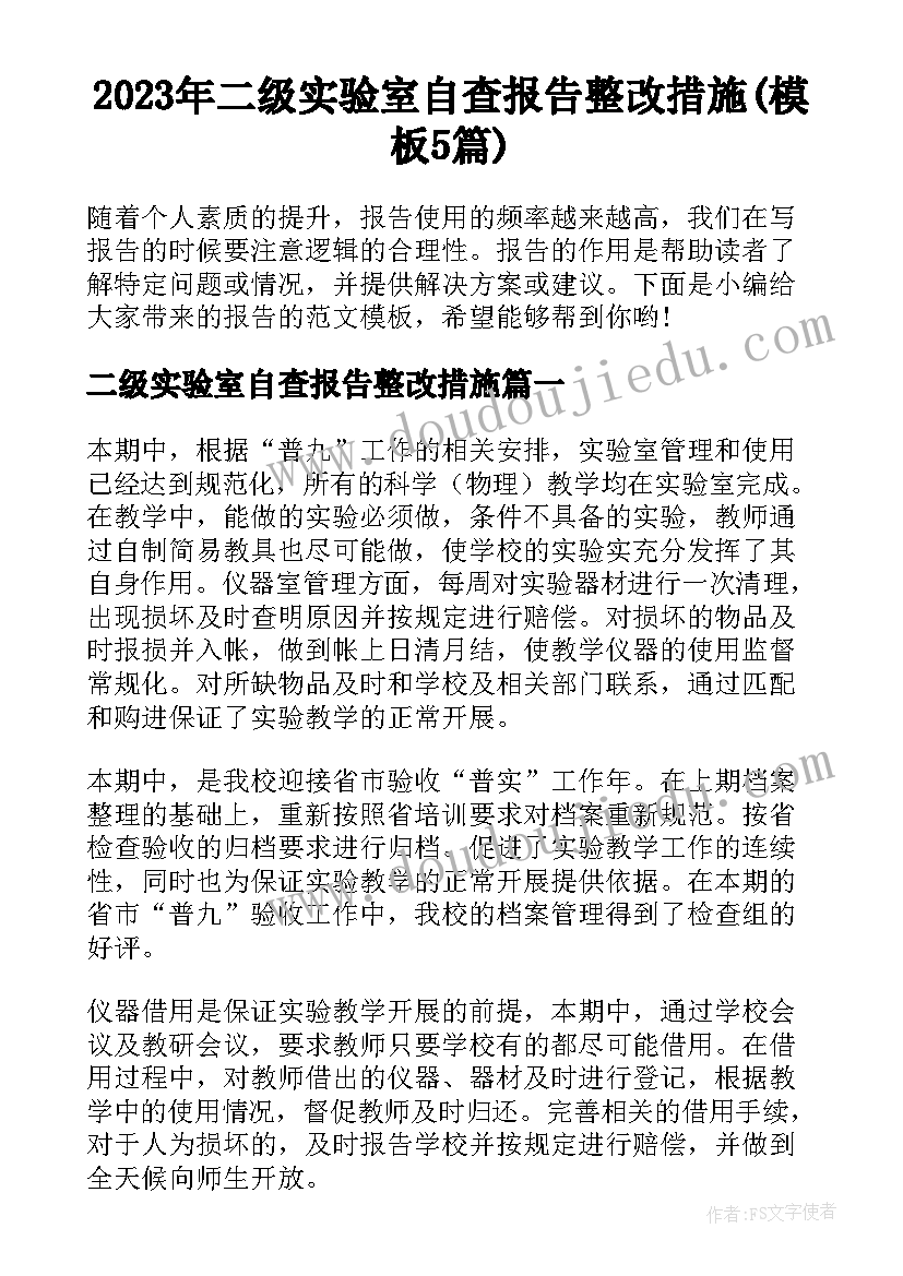 2023年二级实验室自查报告整改措施(模板5篇)