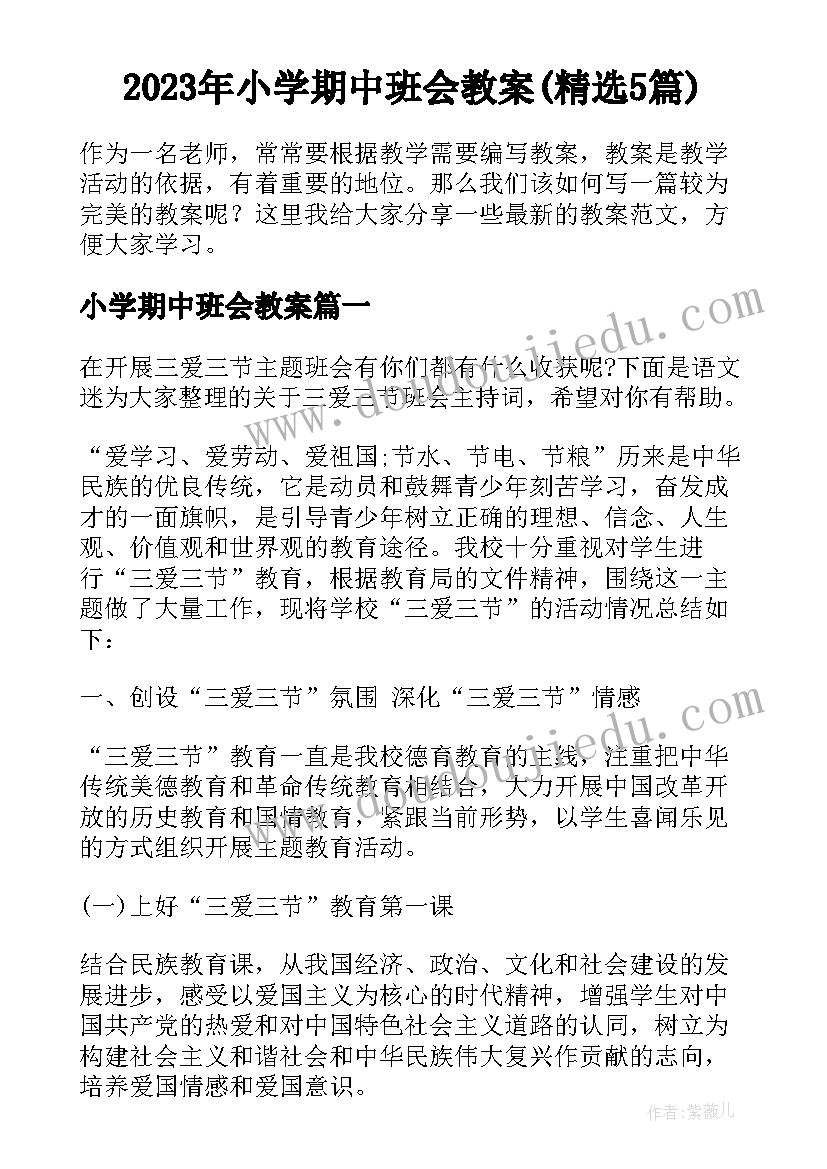 2023年小学期中班会教案(精选5篇)