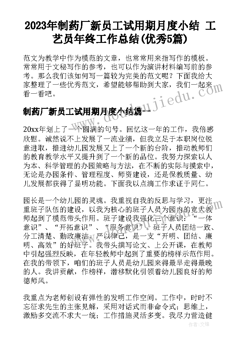 2023年制药厂新员工试用期月度小结 工艺员年终工作总结(优秀5篇)