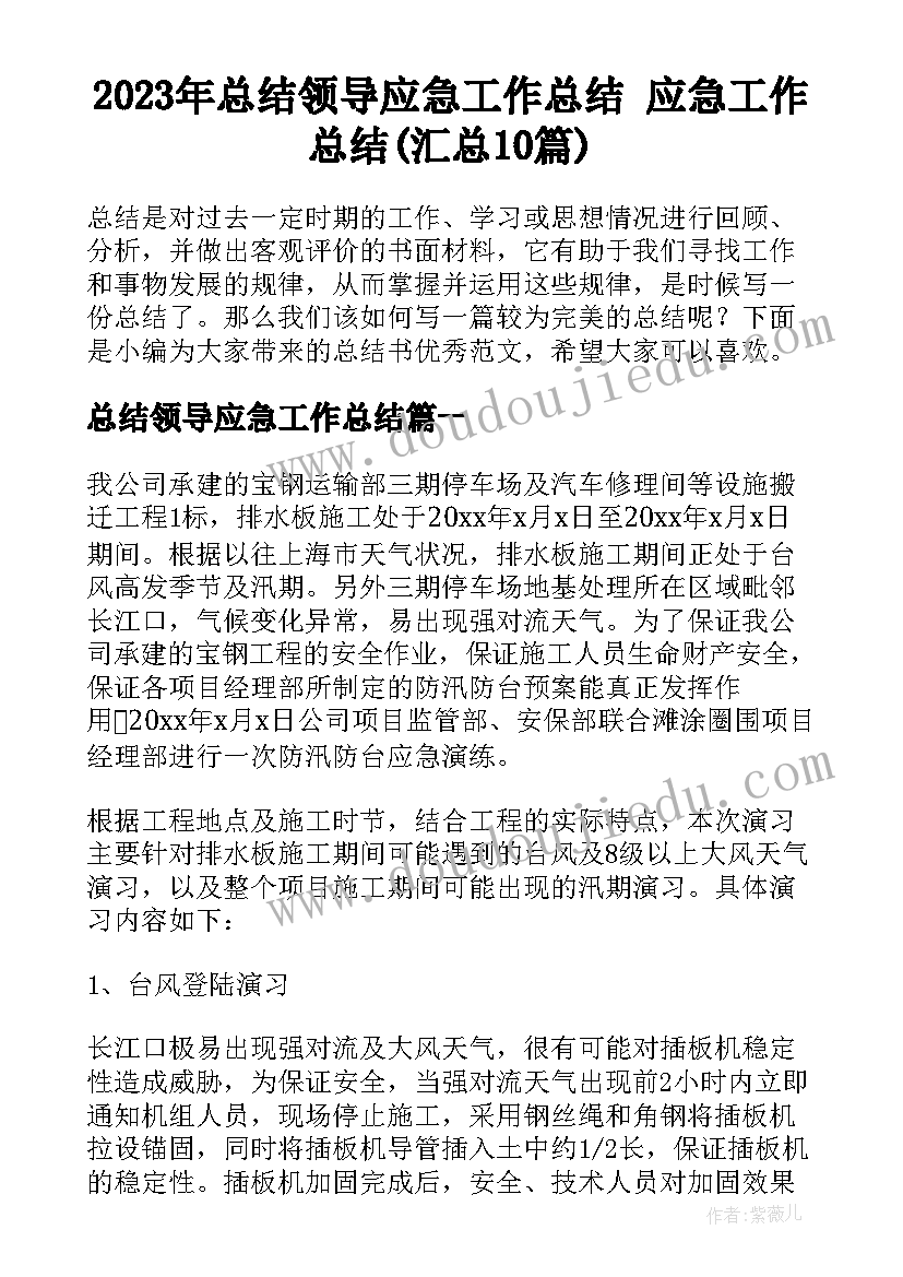 2023年总结领导应急工作总结 应急工作总结(汇总10篇)