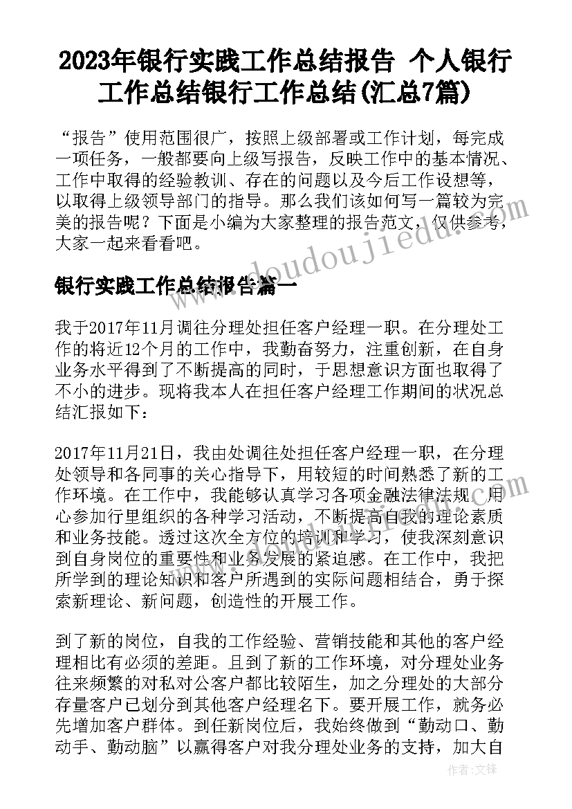 2023年银行实践工作总结报告 个人银行工作总结银行工作总结(汇总7篇)