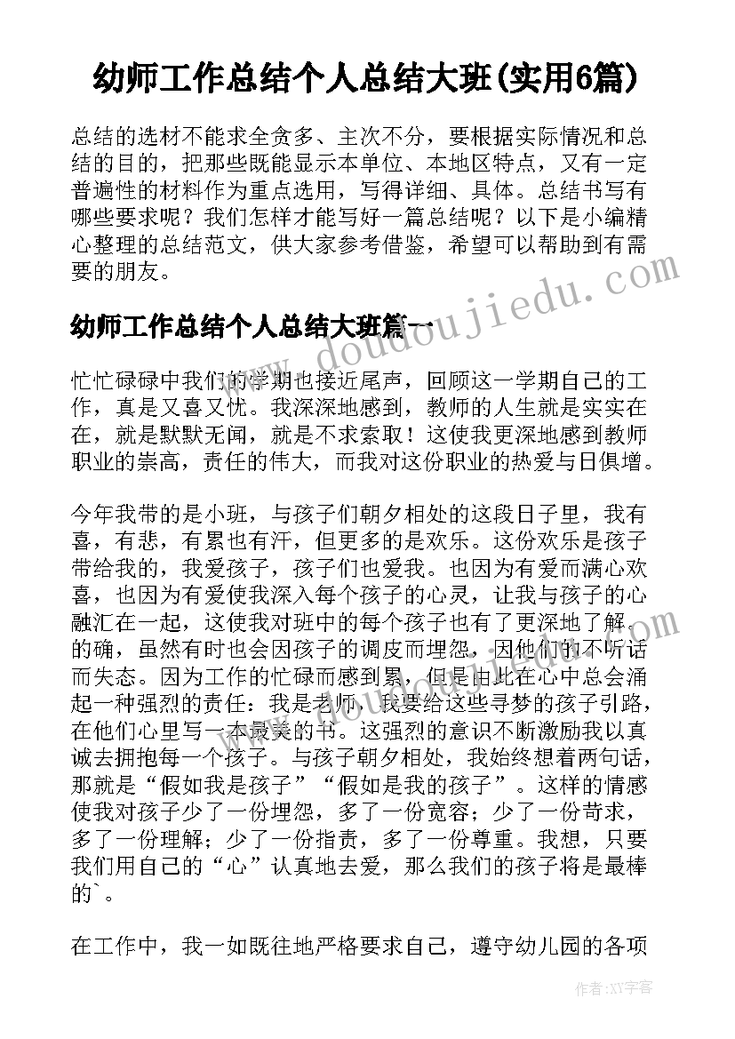 幼师工作总结个人总结大班(实用6篇)