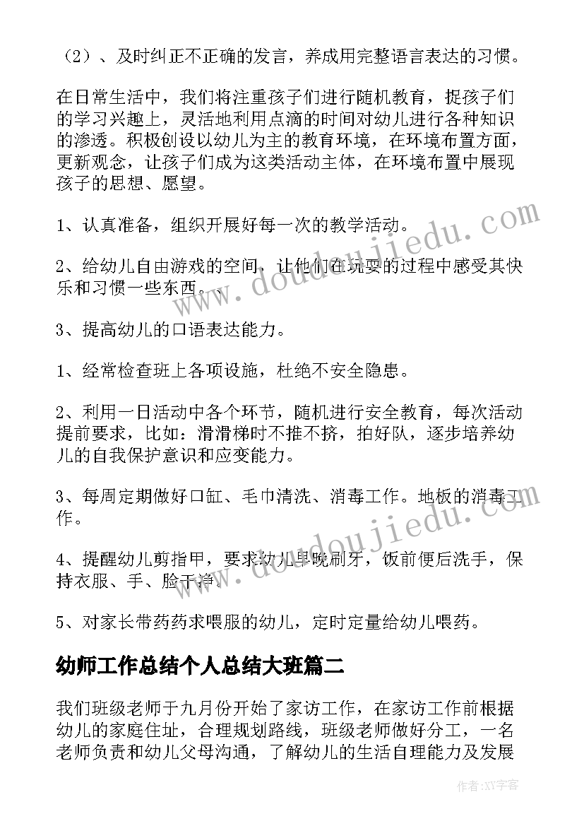 幼师工作总结个人总结大班(实用6篇)