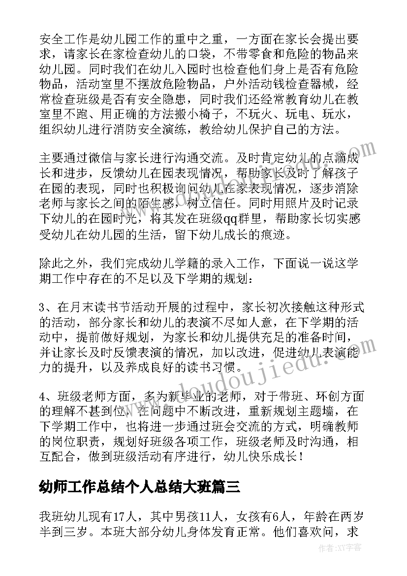 幼师工作总结个人总结大班(实用6篇)