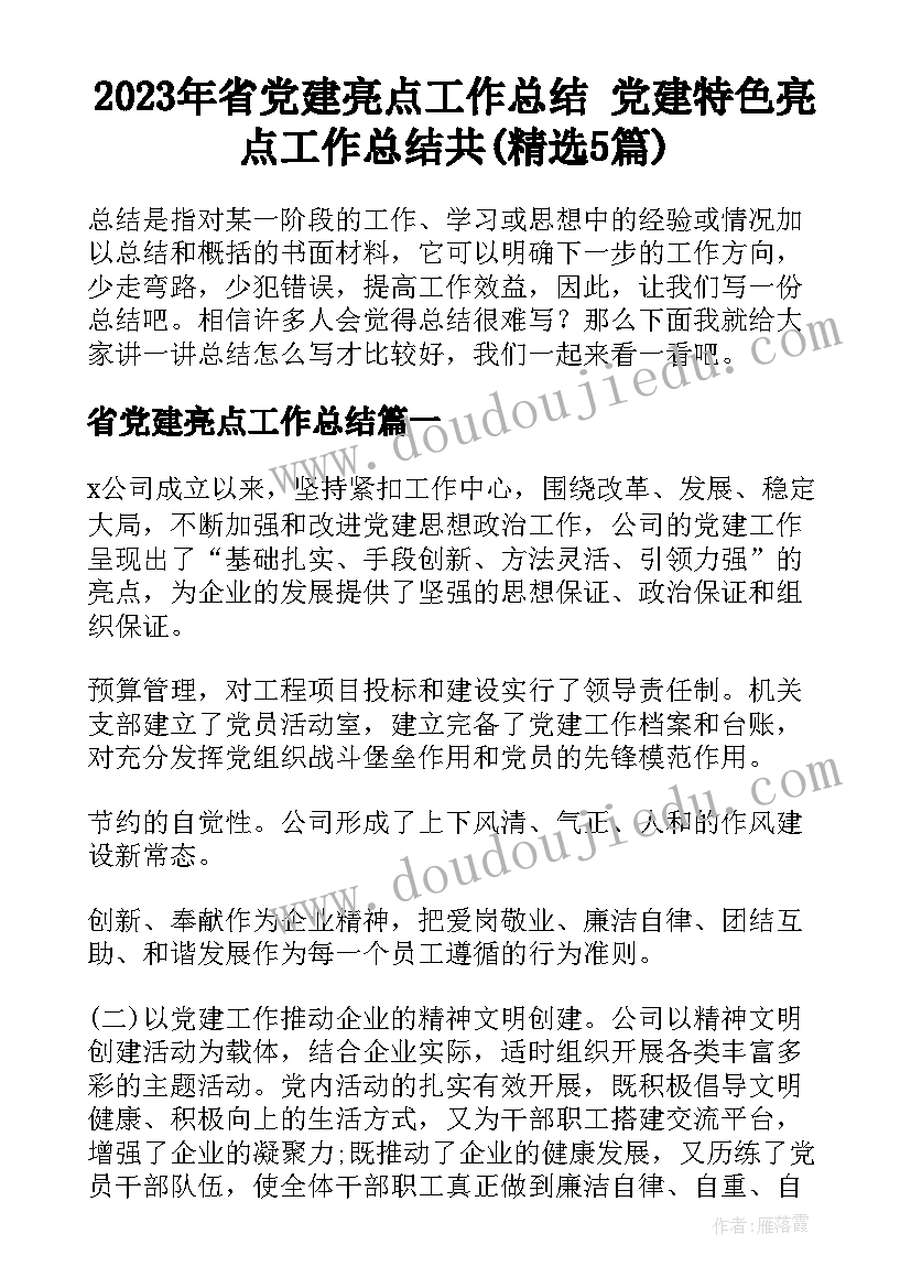 2023年省党建亮点工作总结 党建特色亮点工作总结共(精选5篇)