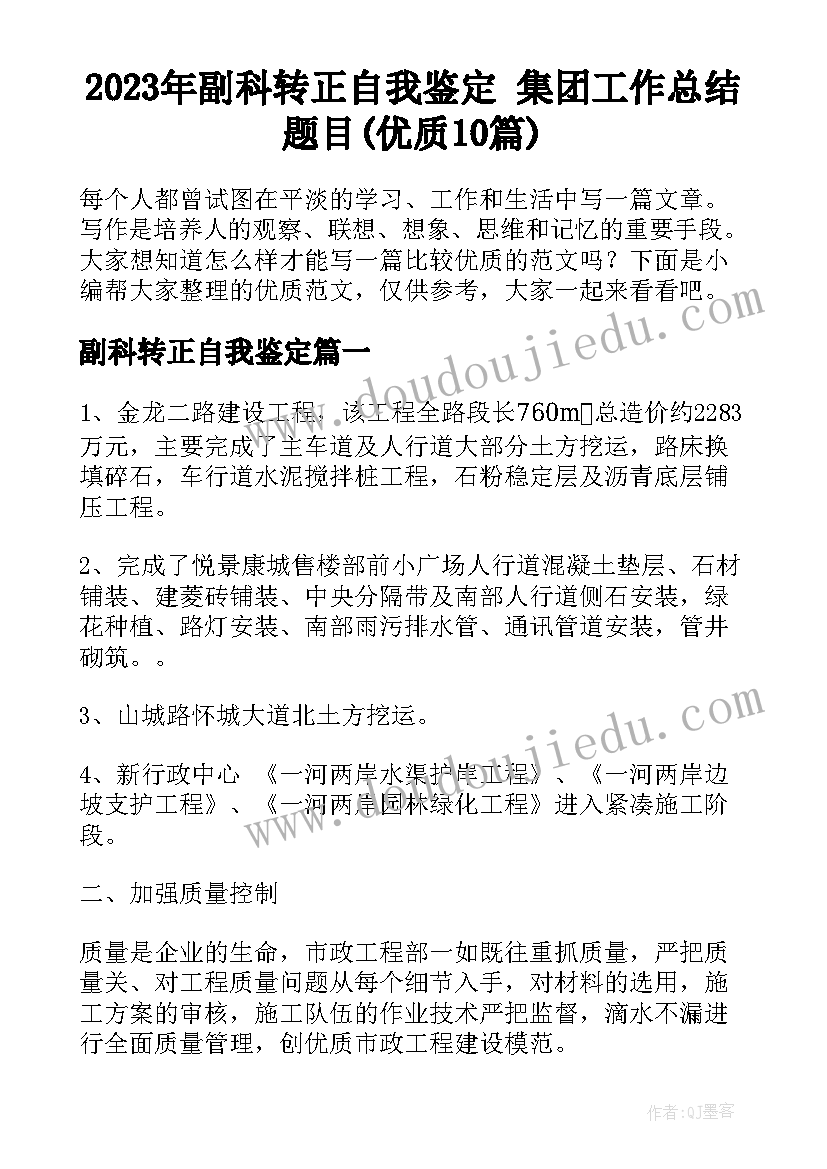 2023年副科转正自我鉴定 集团工作总结题目(优质10篇)