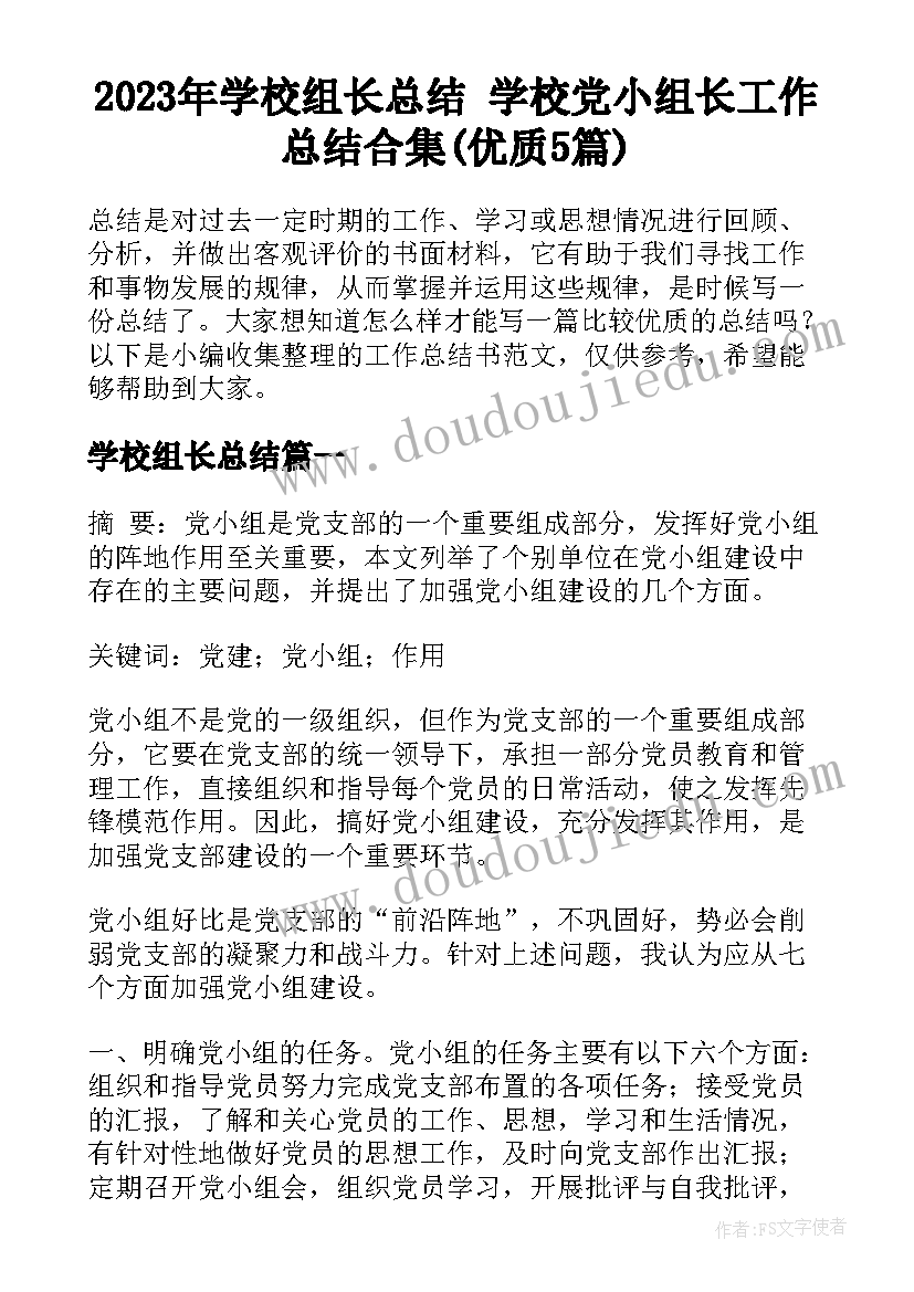 2023年学校组长总结 学校党小组长工作总结合集(优质5篇)