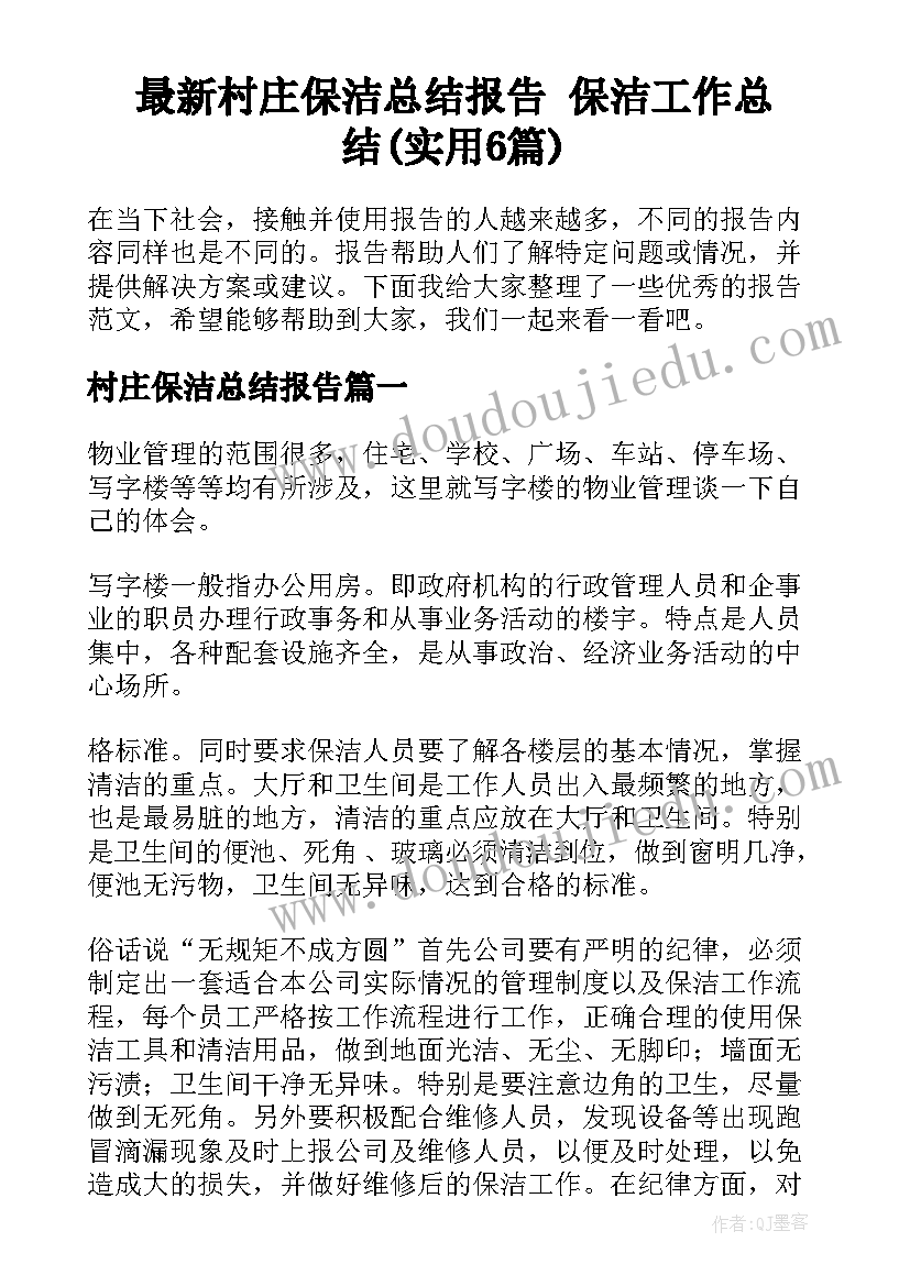 最新村庄保洁总结报告 保洁工作总结(实用6篇)