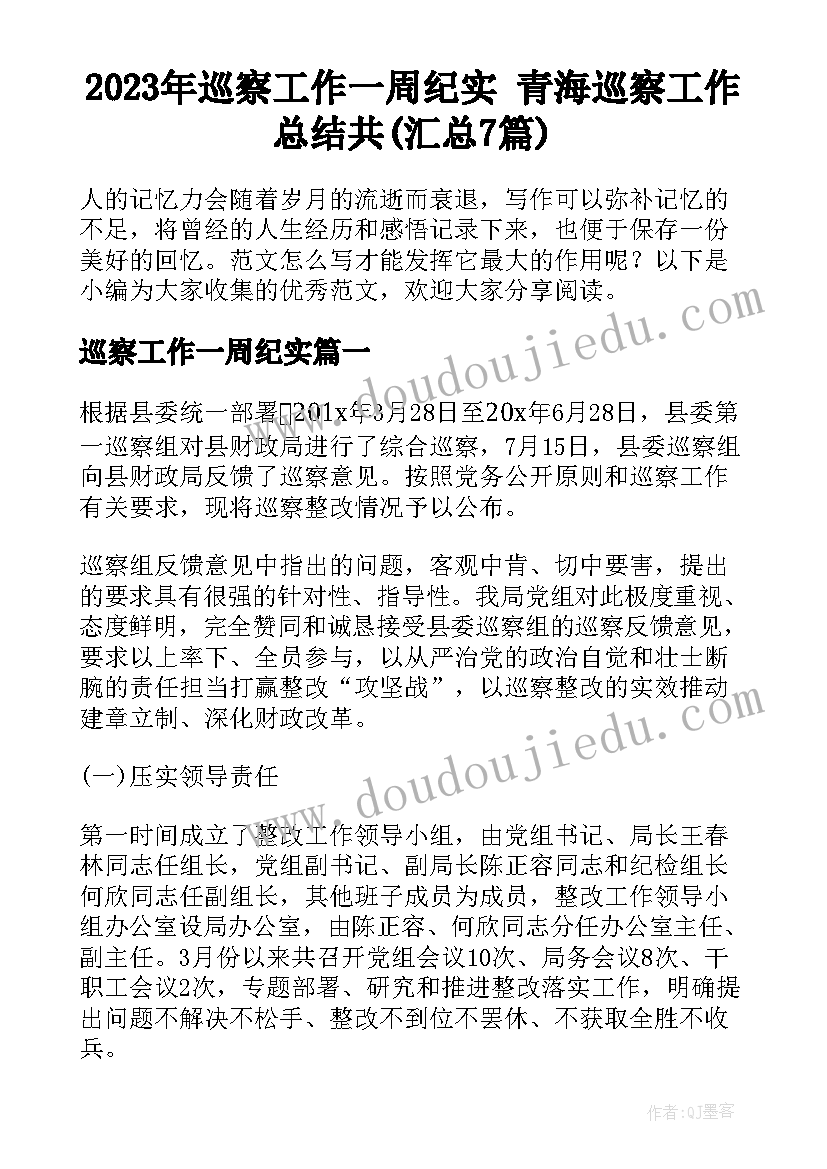 2023年巡察工作一周纪实 青海巡察工作总结共(汇总7篇)