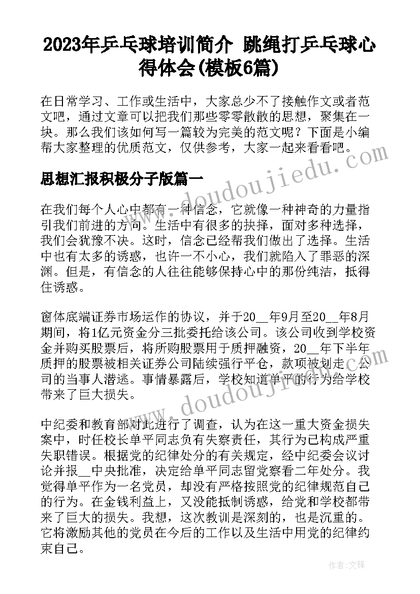 2023年乒乓球培训简介 跳绳打乒乓球心得体会(模板6篇)