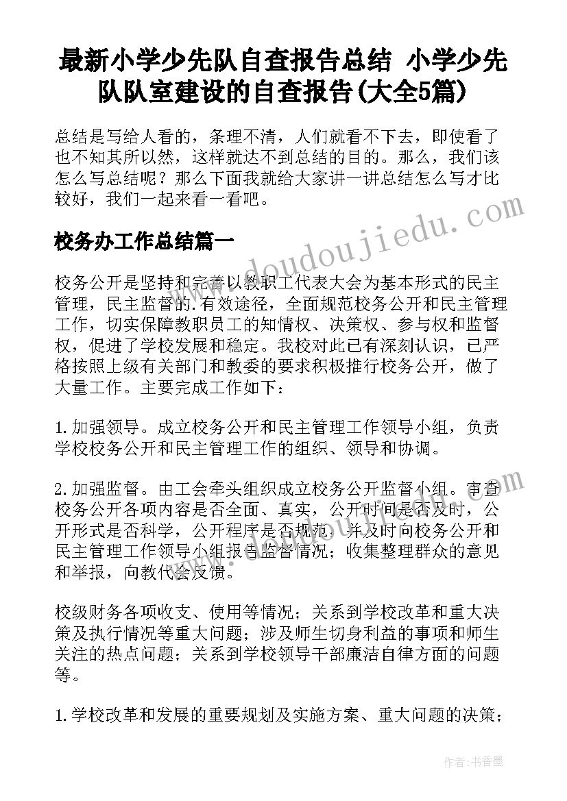 最新小学少先队自查报告总结 小学少先队队室建设的自查报告(大全5篇)