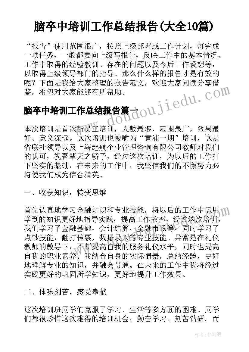 脑卒中培训工作总结报告(大全10篇)