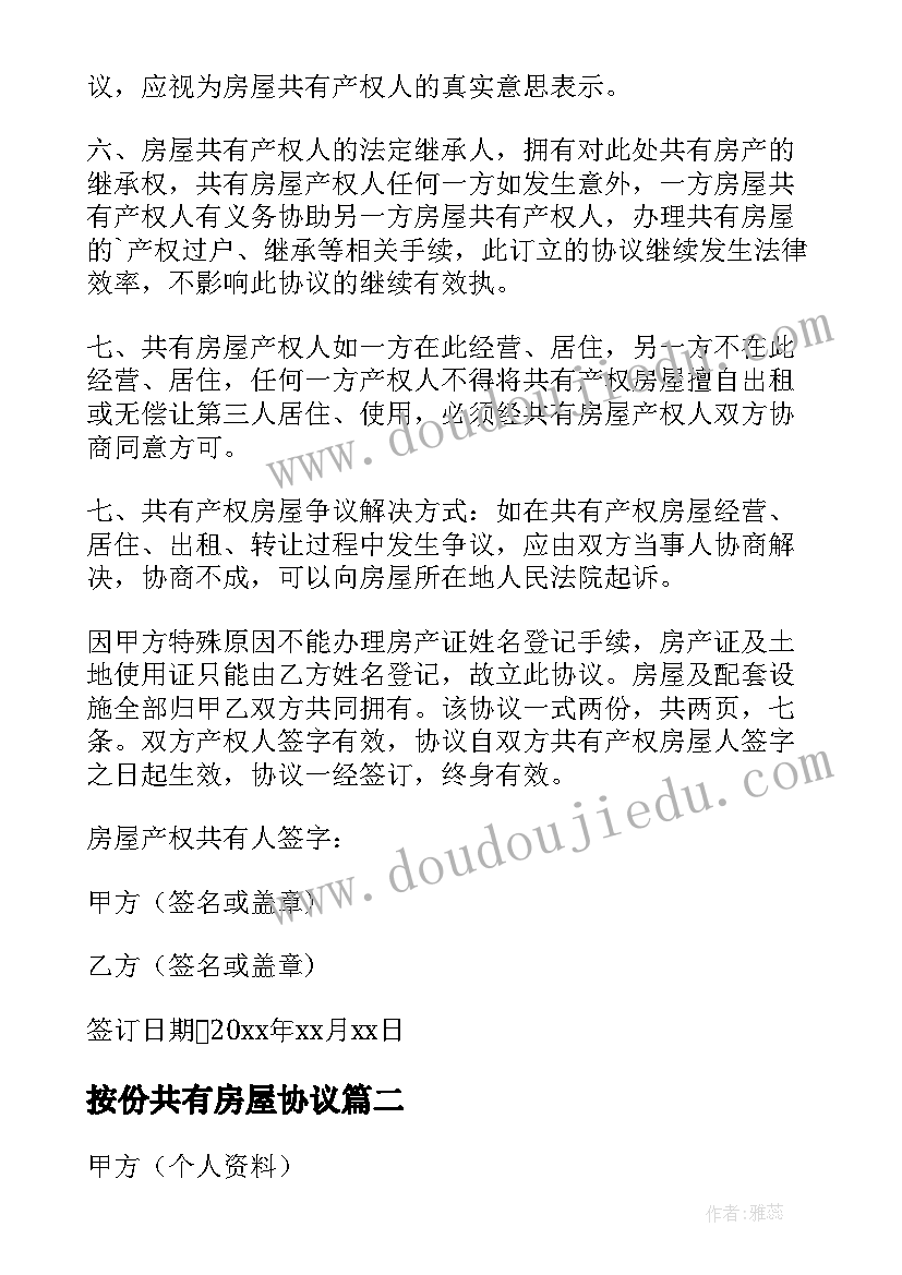 按份共有房屋协议 兄弟共有房屋协议书(优质5篇)