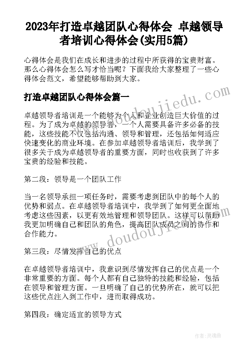 2023年打造卓越团队心得体会 卓越领导者培训心得体会(实用5篇)