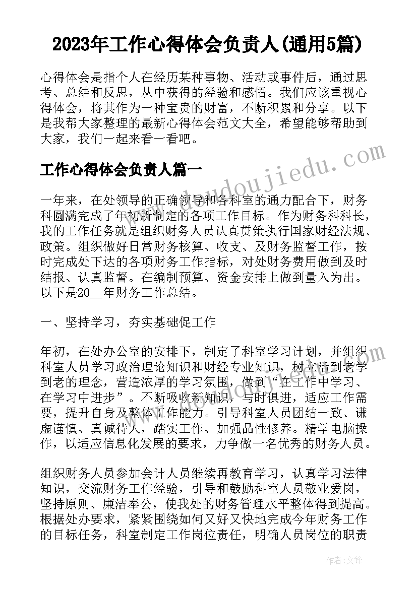 2023年工作心得体会负责人(通用5篇)