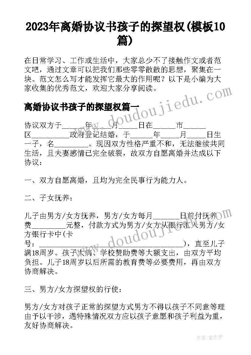 2023年离婚协议书孩子的探望权(模板10篇)